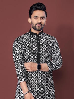 Designer traditional printed black, yellow, blue, white cotton kurta with pajama